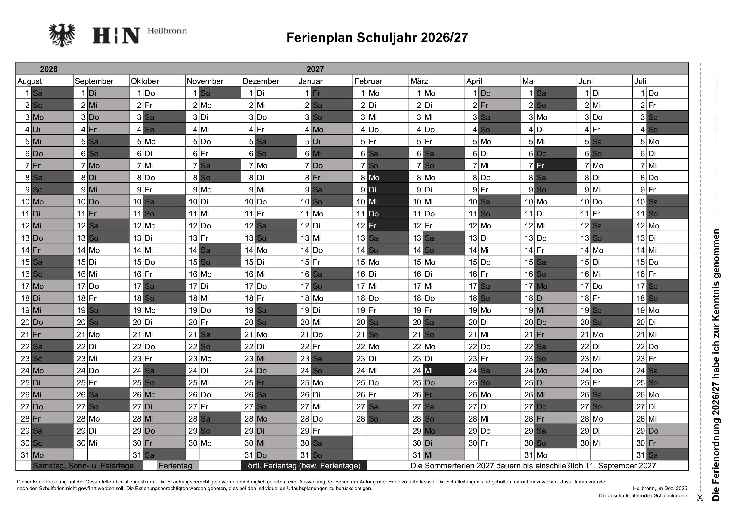 Ferienplan 2026 2027